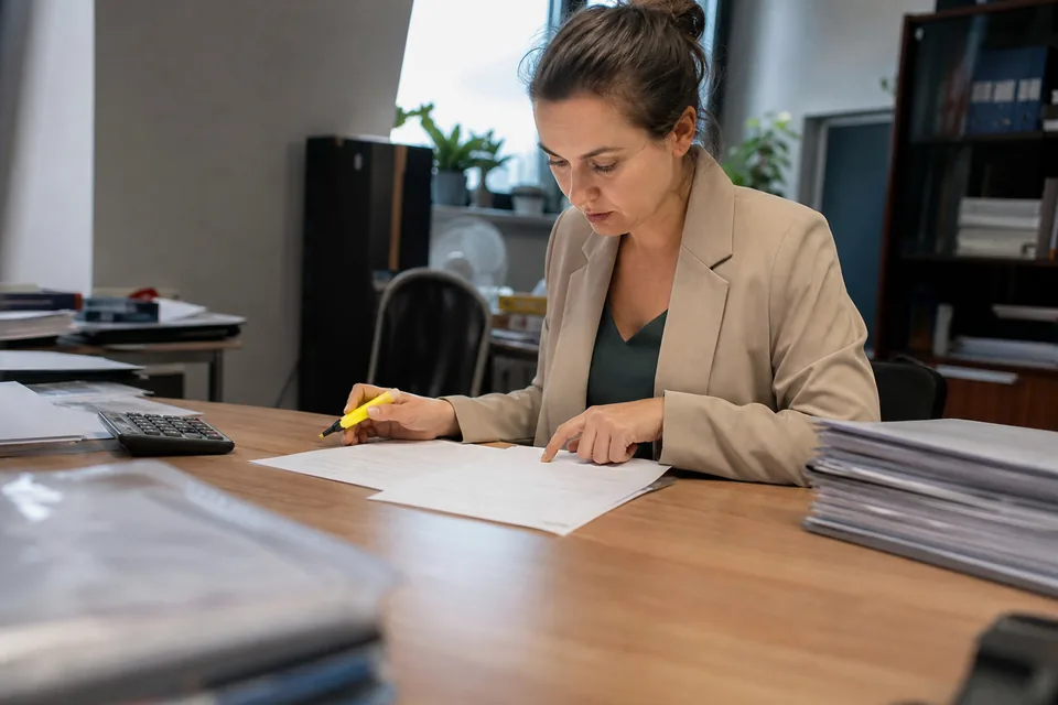 Kierowniczka finansów porównuje dwie umowy windykacyjne z kalkulatorem